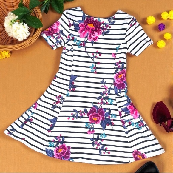 Joules Other - Joules Girls 6Y Striped Floral Cotton Dress Blue White Pink Short Sleeve
